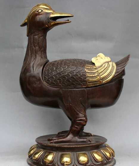 

JP S61 14" Chinese Bronze Gild mandarin duck Bird cygnus Statue Incense Burner Censer