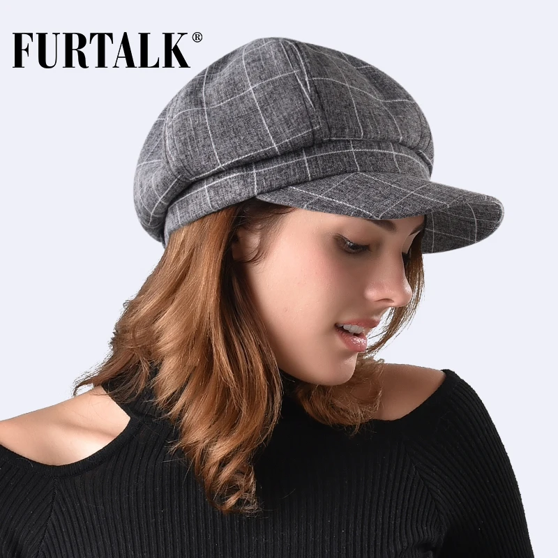 

FURTALK Autumn Winter Newsboy Hat for Women Beret Hat Octagonal Newsboy Cap Cotton Line Black Painter Cap Grey Red Plaid