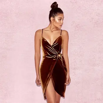 

2019 New Arrive Brown Velvet Dress Spaghetti Strap V Neck Split Sexy Solid Summer Women Backless Special Night Party Vestidos