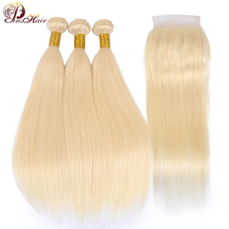 Pinshair 613 блондинка комплект s с фронтальной перуанские прямые человеческие волосы Weave 613 мёд блондинка s с синтетическое закрытие волос Nonremy