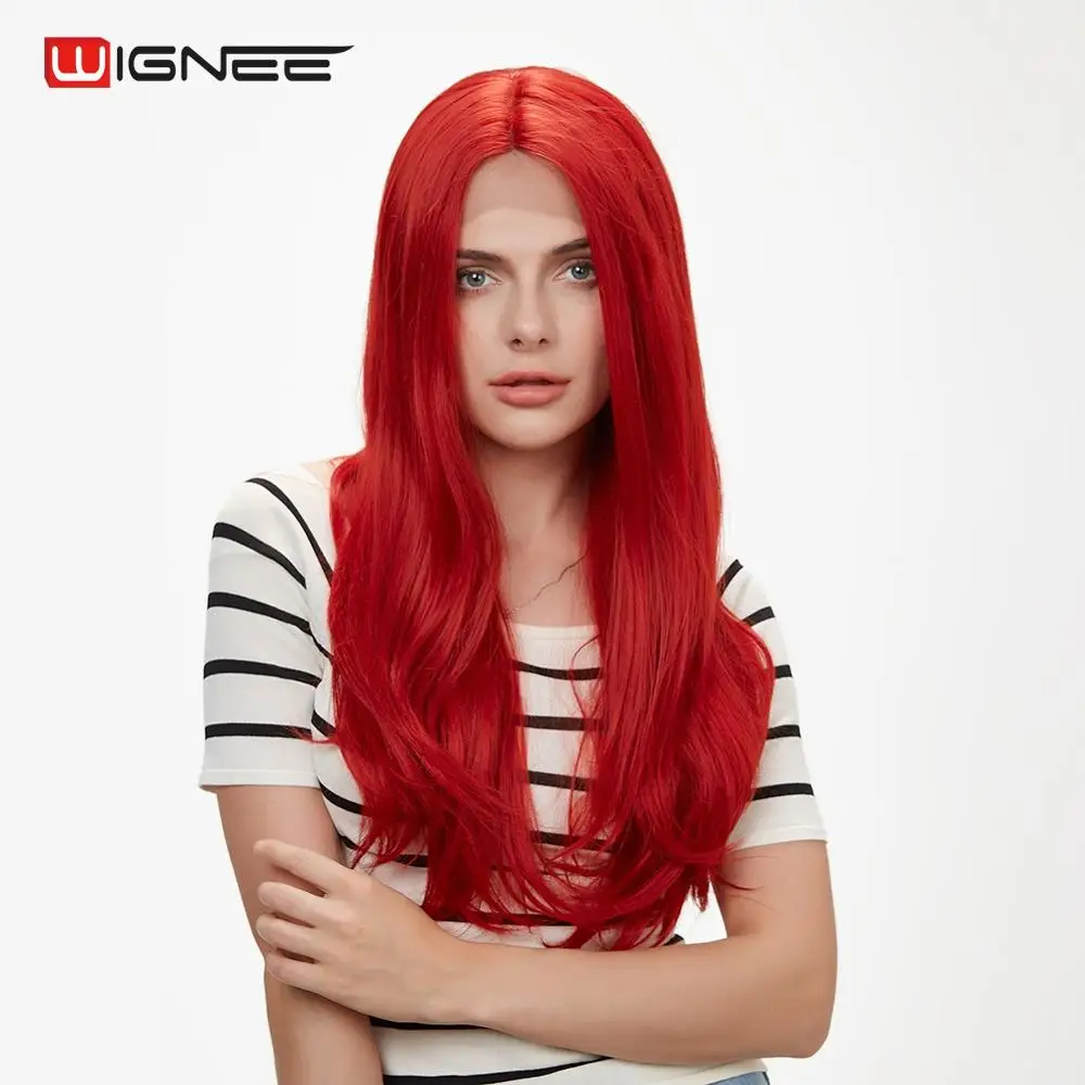 

Wignee Red Hair Synthetic Lace Front Wig Middle Part Long Wavy Wig High Density Heat Resistant Cosplay Artificial Hair for Women