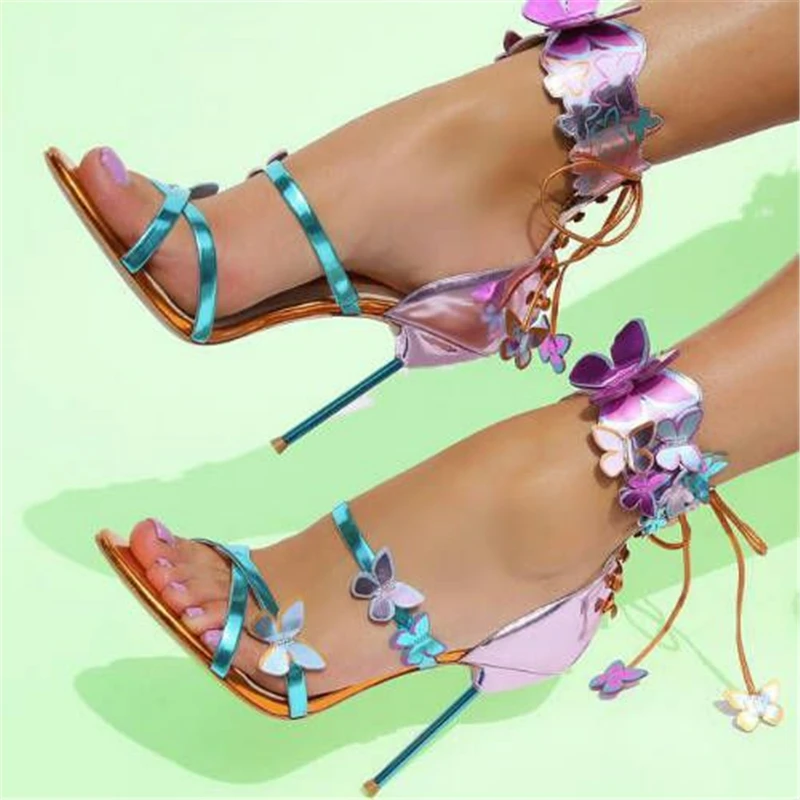 

Hanbaidi Women Summer Sandals Fashion Mixed Color Ankle Lace Up Women High Heeld Footwear Thin Strap Bands Open Toe Shoes Women