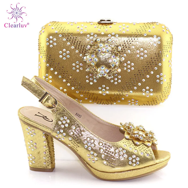 

Gold Color New Arrival Novelty Fashion Ladies Shoes And Purse Set Italian Shoes With Matching Bag For Party