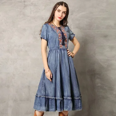Летнее платье Yuzi. may Boho новые джинсовые женские платья с круглым вырезом и коротким рукавом винтажные платья с цветочной вышивкой A82157 Vestido - Цвет: Синий
