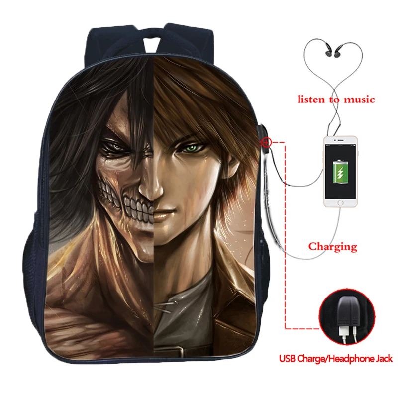 1 Атака на Титанов Eren Сплит USB зарядка Рюкзак Школьные сумки модные школьные сумки красивые подростковые Мальчики Девочки Рюкзак - Цвет: 1