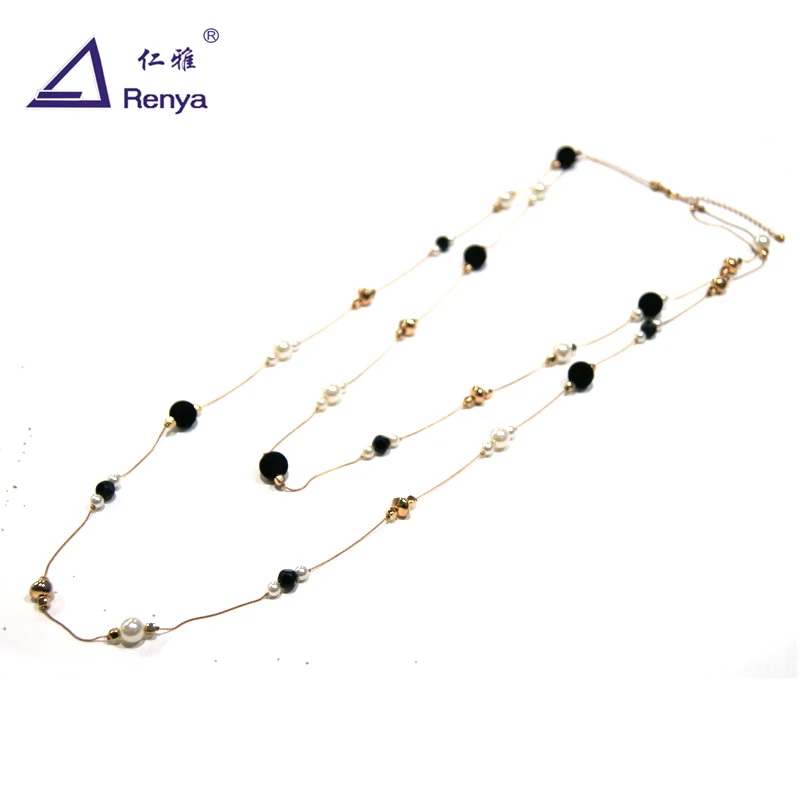 

Renya Fashion Pearl and Black Beads Long Bead Necklaces Double Row Layer Necklace Women Fashion OL Jewelry Sweater Necklaces