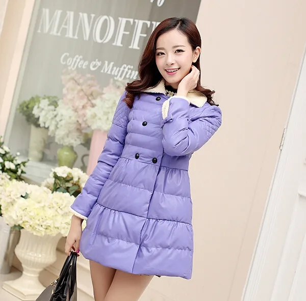 Зимняя куртка Женская мода PU длинное пальто Утолщение Ватная Куртка парка плюс размер - Цвет: Фиолетовый