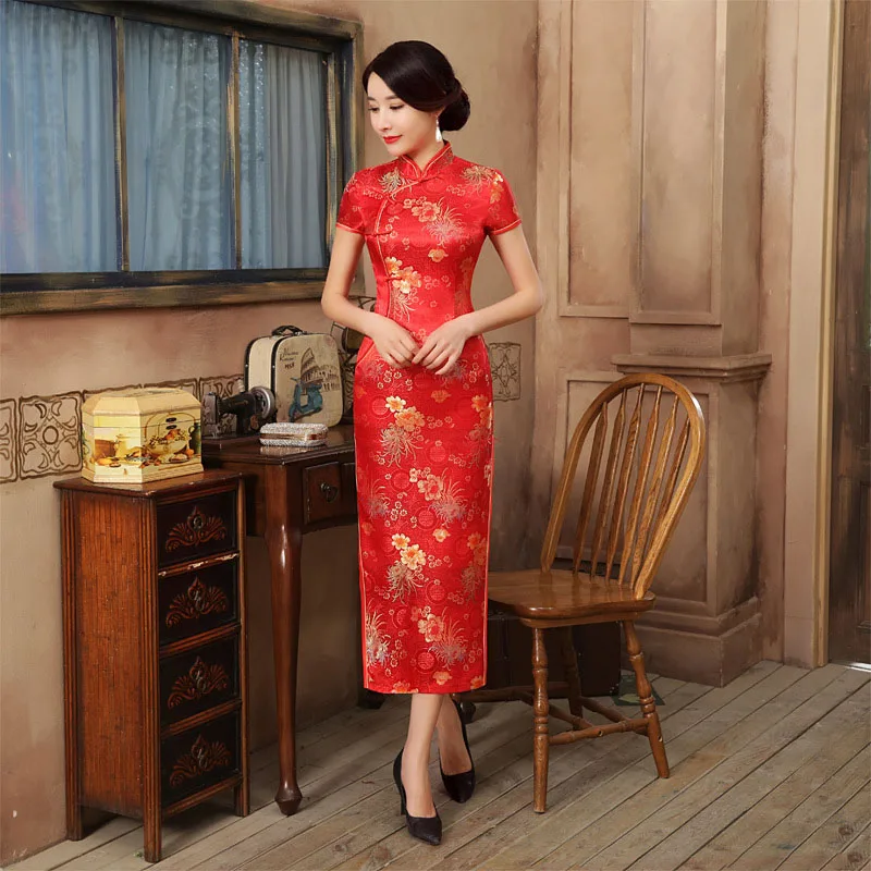 

New Chinese Style Red Female Silm Rayon Cheongsam Qipao Handmade Button Summer Short Sleeve Novelty Long Dress S-3XL C0136