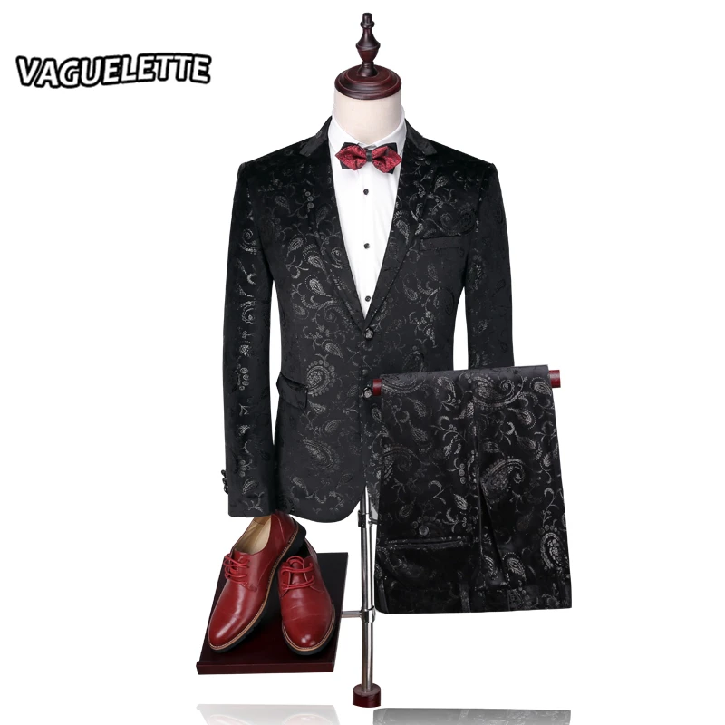 

(Blazer+Pants) Groom Wedding Suit Mens Print Paisley Floral Stage Wear For Singer Fashion Slim Fit Mens Suits With Pants M-4XL