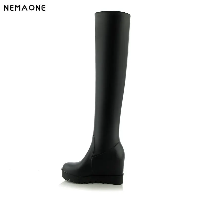 Beste NEMAONE over de knie vrouwen laarzen hoogte toenemende hoge hakken platform dames laarzen wiggen winter schoenen vrouw zwart wit bruin