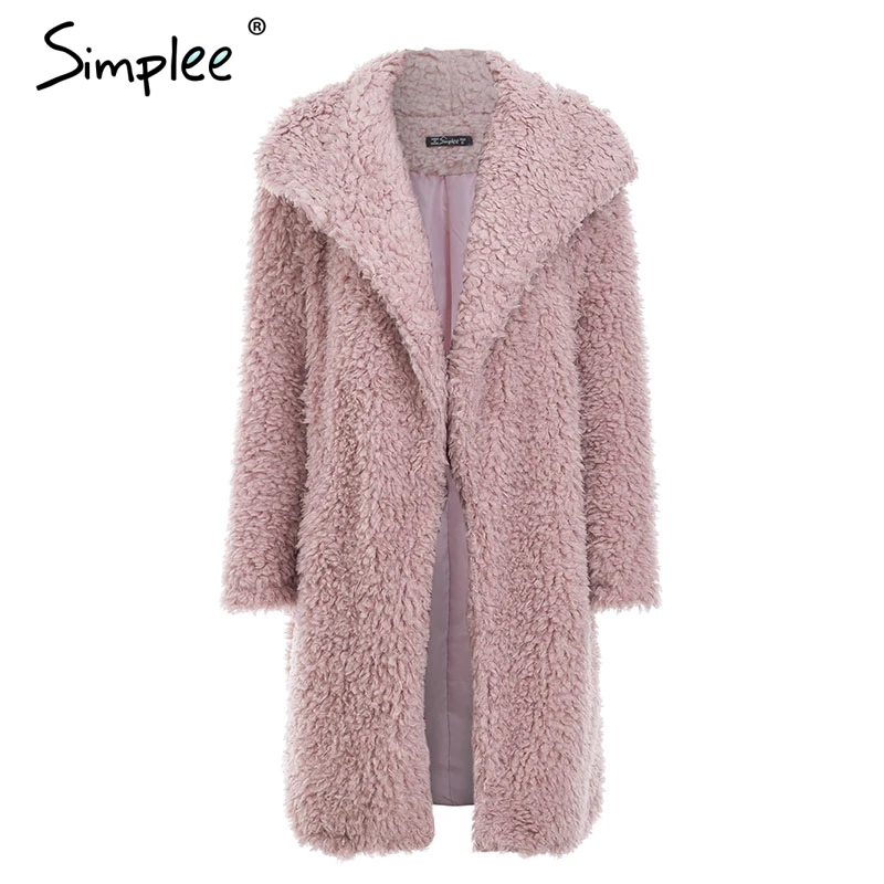 Simplee Warm winter faux fur coat women Fashion streetwear elegant long coat female 2018 Pink casual autumn coat outerwear