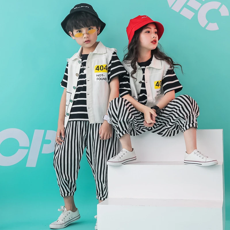 子供ステージヒップホップダンス衣装白黒ストライプ服ダンスの摩耗パンツショーのパフォーマンスの衣類のための女の子 中国の民族舞踊 Aliexpress