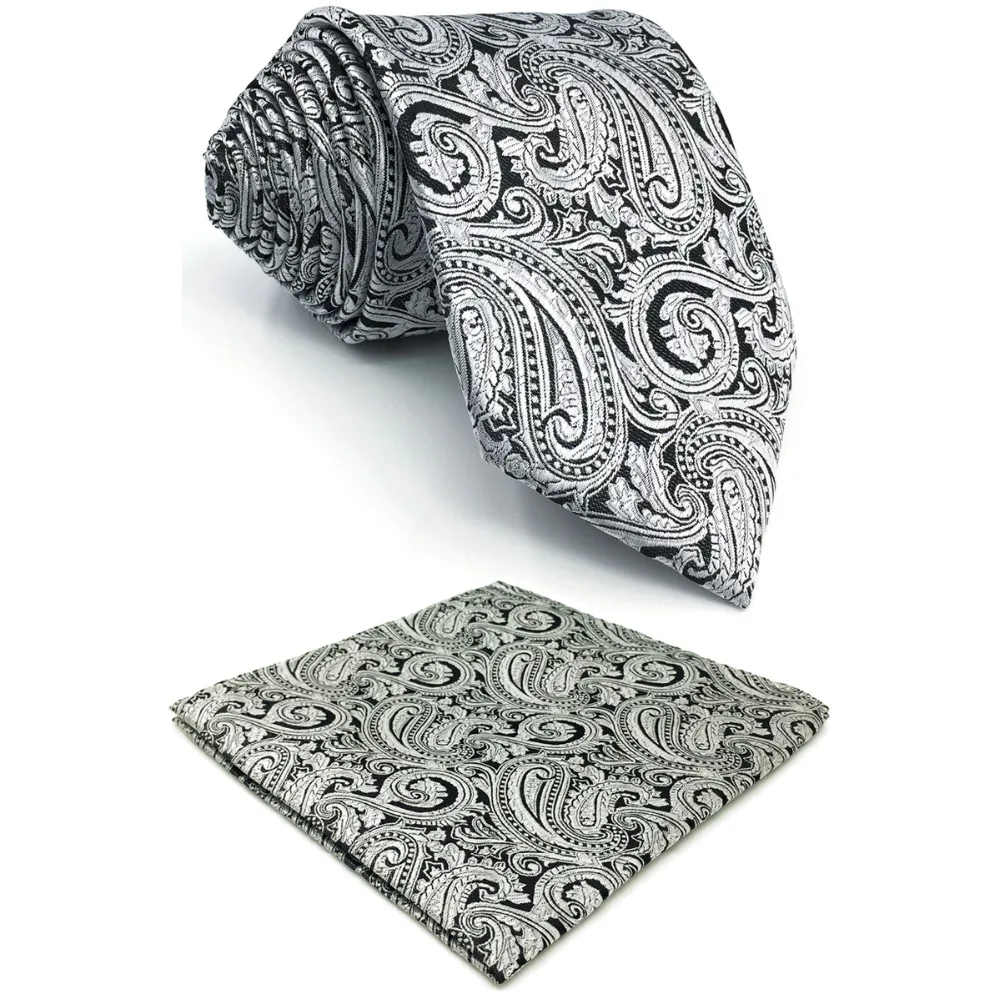 

E23 Silver Grey Paisley Ties for Men Neck Ties Silk Classic Pocket Square