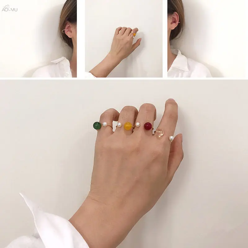 

AOMU 2019 New Colorful Transparent Beads Rings For Women Accessories Imitation Pearl Size Adjustable Ring Opening Jewelry Set