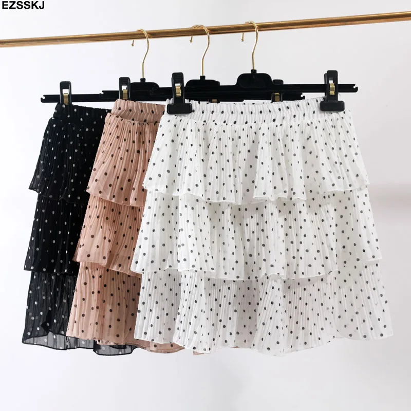 2019 Лето boho мини плиссированная летняя юбка Новинки для девочек 3 лежала в горошек шифоновая юбка Женщины высокой талией Печать короткая юбка женская купить на AliExpress