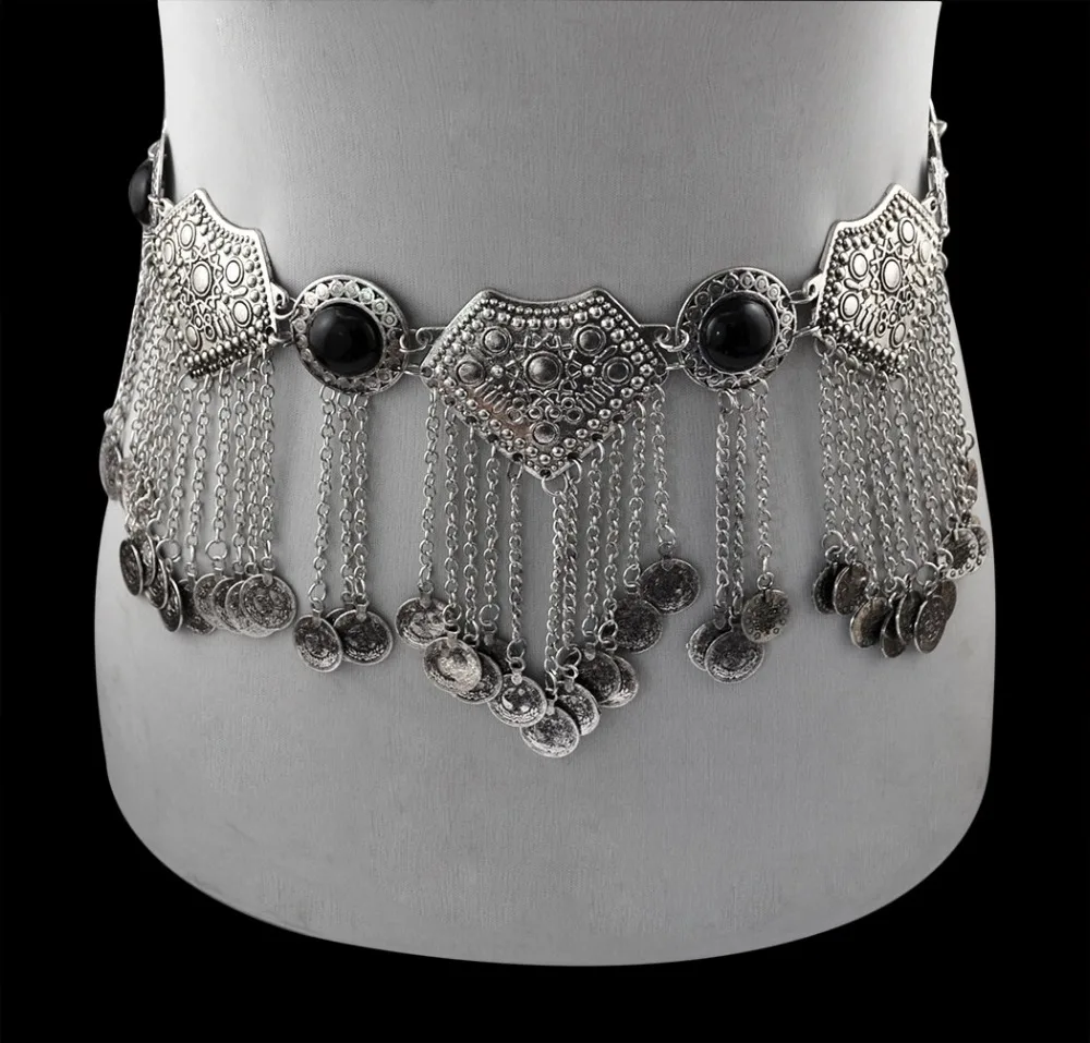 

Gypsy Vintage Silver Metal Inlay Acrylic Beaded Coin Tassel Belt Boho Beach Flower Pendant Waist Belly Chain Dance Body Jewelry