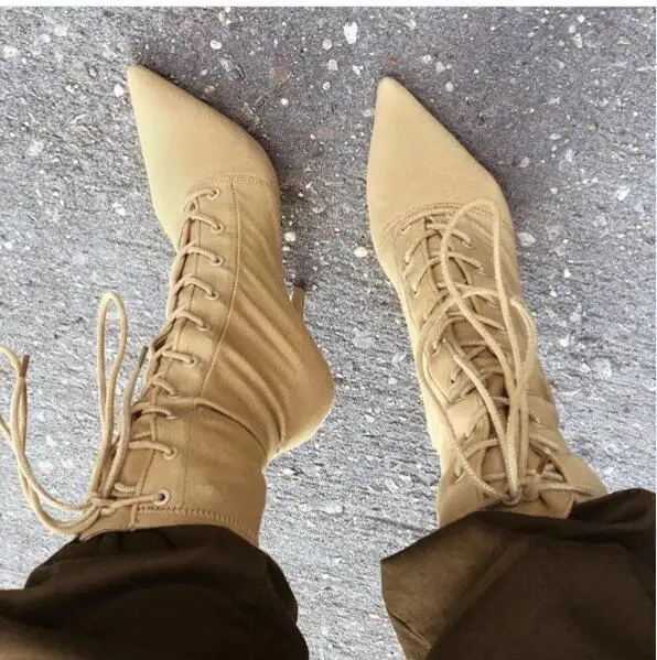 

Deification Botines Mujer 2018 Fashion High Cross-Tied Women Boots Plus Size Apricot Suede Pointed Toe Ankle Boots Zapatos Mujer