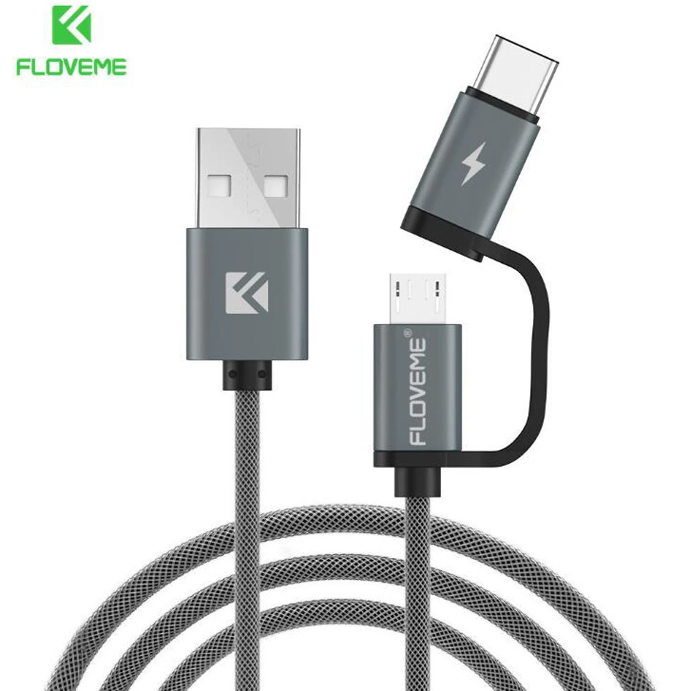 FLOVEME 2 в 1 быстрая зарядка Micro USB/type C кабель для синхронизации данных для samsung huawei двухсторонняя передача данных зарядное устройство провод 1 м - Цвет: Grey