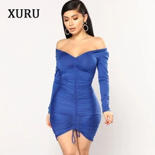 XURU Women Off The Shoulder Sexy Dress V Neck Long Sleeve Pleated Mini Dresses Party Club Short Dress Blue Black off the shoulder mini dress in black