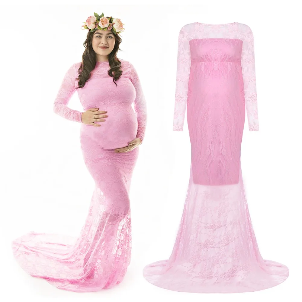 

Elegant Pregnancy Dress Long Sleeve Solid Lace Long Dress for Pregnant Women Photography Props Maternity Dresses for Photo Shoot