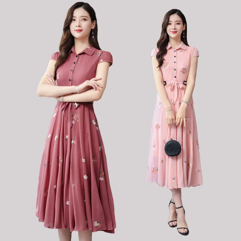 

womens woman ladies Designer summer cute short-sleeve belt embroidery Embroidered long midi Swing Skater party dress clothes