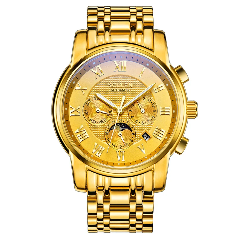 

Luxury Business Men's watch multi-function Automatic mechanical watch Steel belt waterproof All the Golden Relogio Masculino
