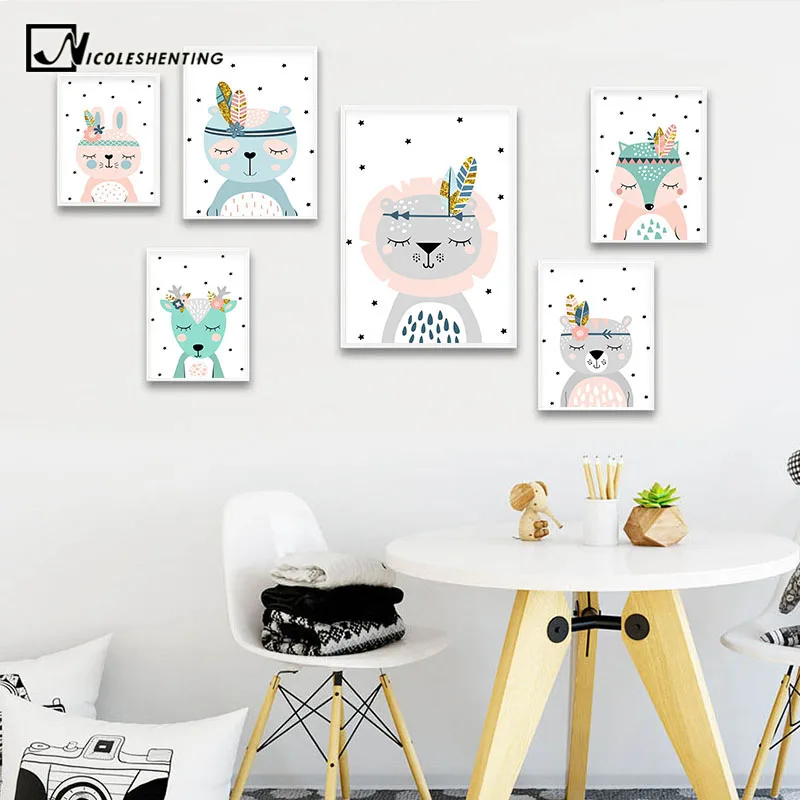 

Woodland Tribal Animal Picture Bunny Fox Lion Nursery Poster Canvas Wall Art Print Painting Nordic Kids Baby Bedroom Decoration