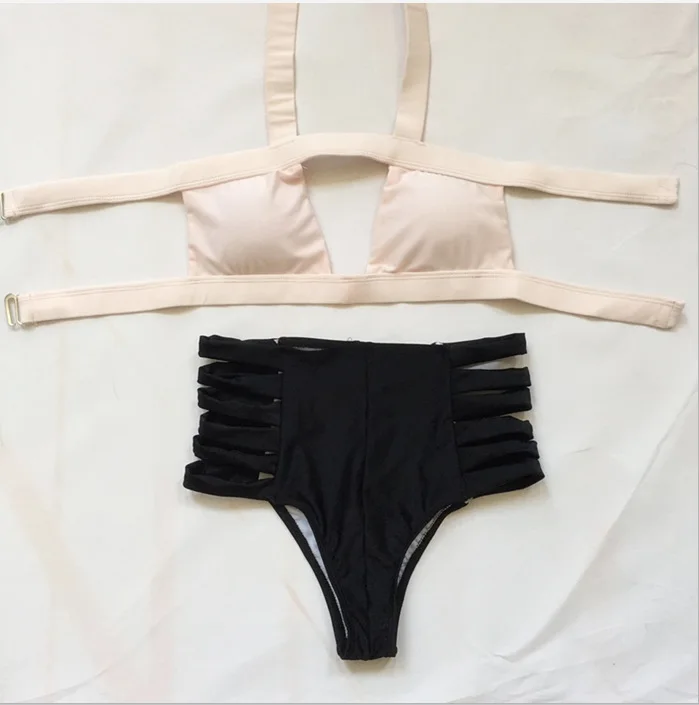 

2017 Women High Waist Bikini Set:Cream-colored Bandage Top+Black Cut Out High Waisted Bottom,Sexy Female Swimwear Swimsuit