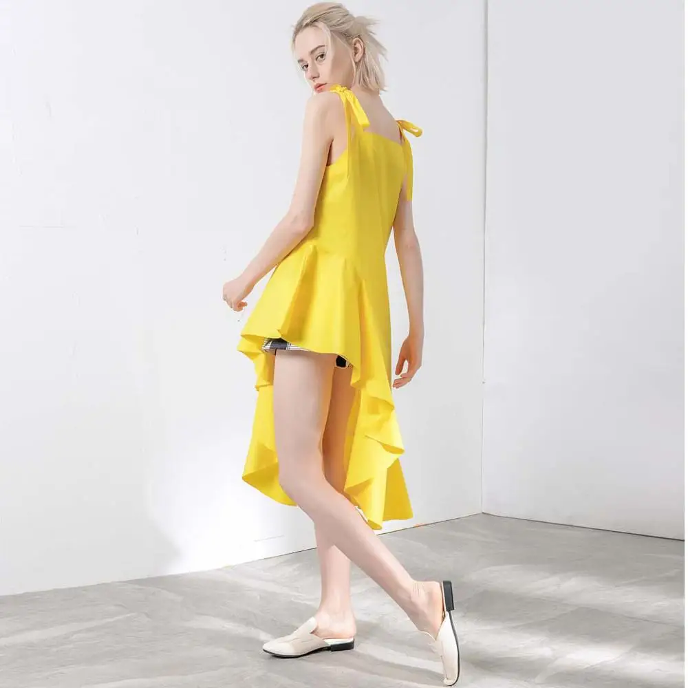 

Johnature High Street Asymmetric Design Ruffles Ball Gown Women Dress Fashion Solid Color Sleeveless Irregular Slip Dresses