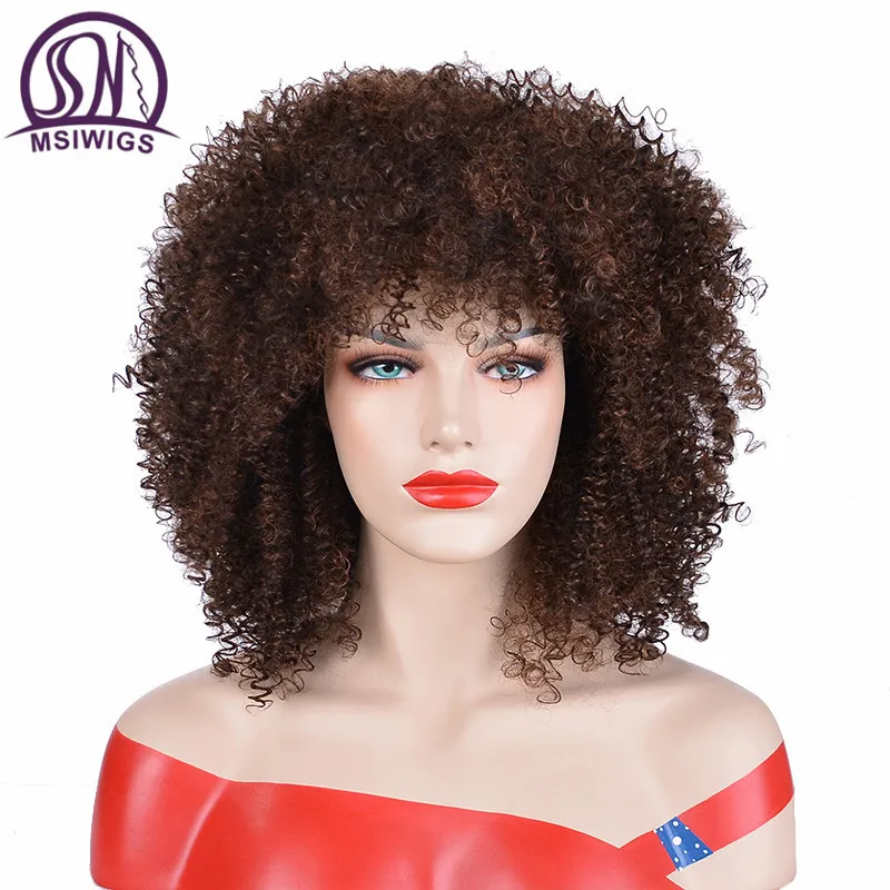 MSIWIGS Brown Synthetic Curly Wigs for Women Red Black Short Wig with Bangs Grey Hair Heat Resistant