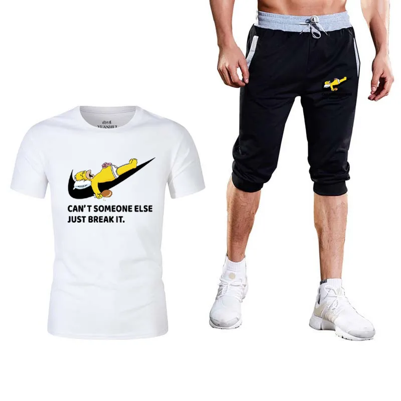 Мода 2019 г. Прохладный наборы для ухода за кожей для мужчин s Лето тренажерные залы Повседневная футболка + шорты для спортзала Фитнес