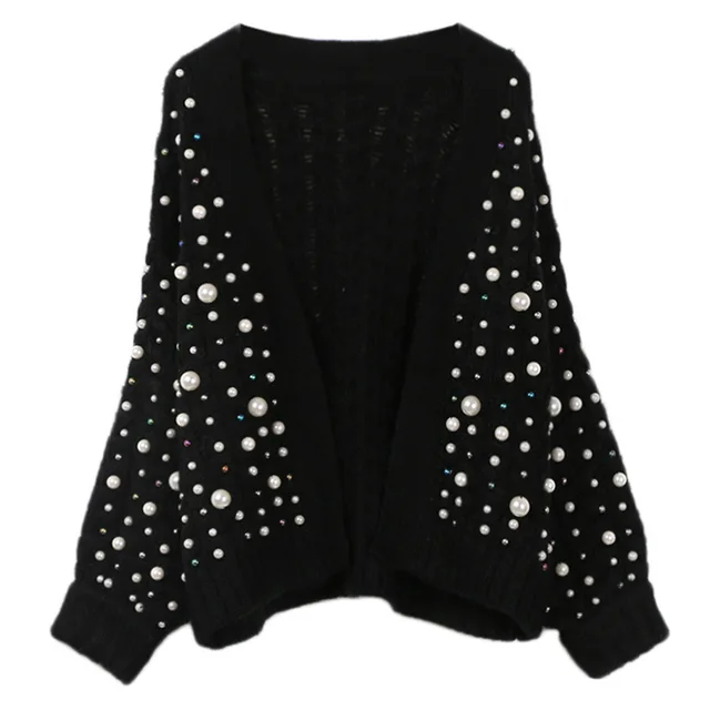 2018 Wool Knit Cardigan Coat Women Sweater V neck Pearl Beaded Women