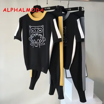 

ALPHALMODA Knitted Trousers Suit 2019 New Preppy Style Cute Embroidery Cartoon Women Funny Short-sleeved Sweater Pants Tracksuit