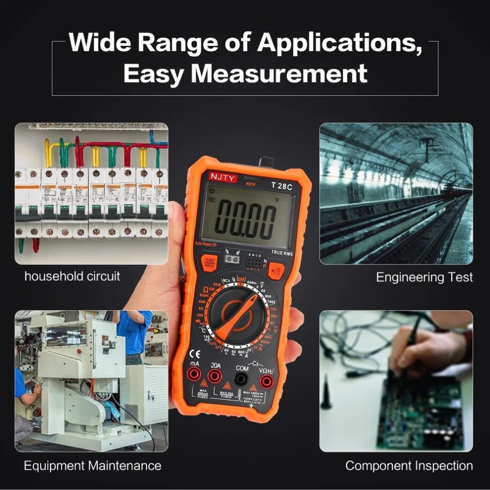 

NJTY T28C Digital Multimeter DC/AC Voltage Current Meter Mini Ammeter Ohm Diode NCV Tester 6000 Counts Multitester True RMS