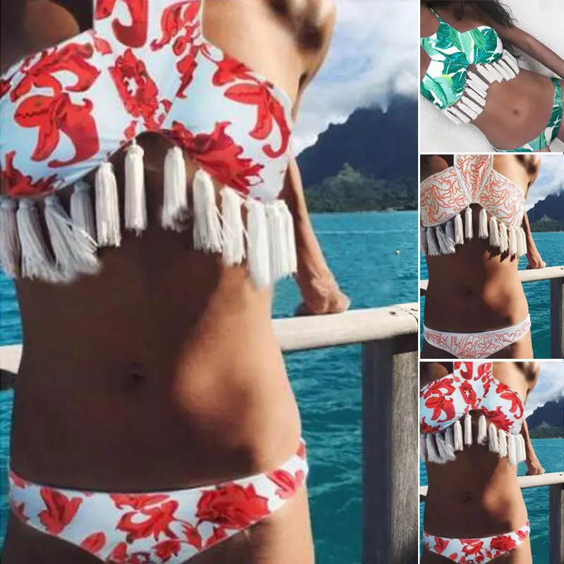 

2017 Summer Women Padded Bra Bandage Tassel Swimsuit Push-up Bikini Set Swimwear Beachwear