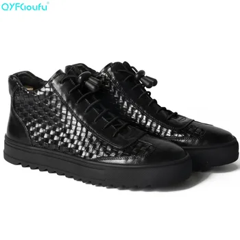 

QYFCIOUFU Men Genuine Leather Boots Fashion Casual Retro Shoes Autumn Winter Men Weaving Ankle Boots Lace Up Black Boots Shoes