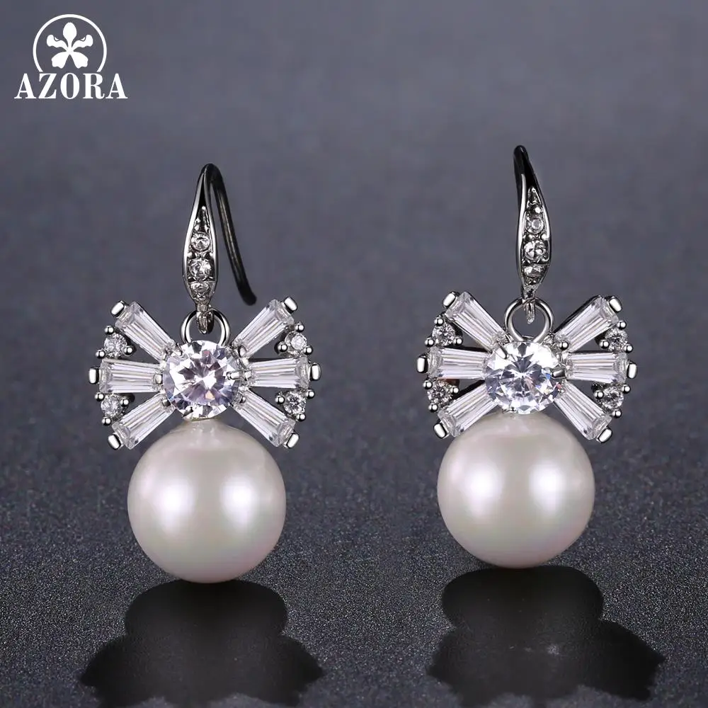AZORA Light Ivory Pearl Drop Vintage Bridal Bowknot Earrings with White Gold Color Round Cut Clear Cubic Zirconia TE0336