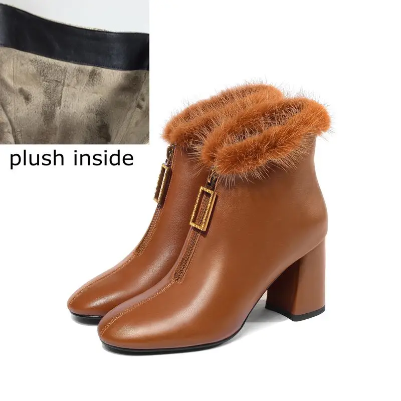plush inside ALLBITEFO/зимние женские ботинки на толстом каблуке из натуральной кожи и натурального меха высококачественные ботильоны для женщин на высоком каблуке кожаные ботинки - Цвет: plush inside