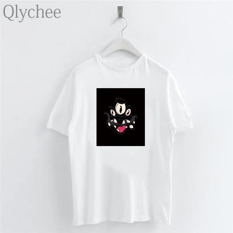 Qlychee/уличная женская футболка с тремя глазами и принтом монстра; футболки с круглым вырезом; летние свободные Цветные футболки с короткими