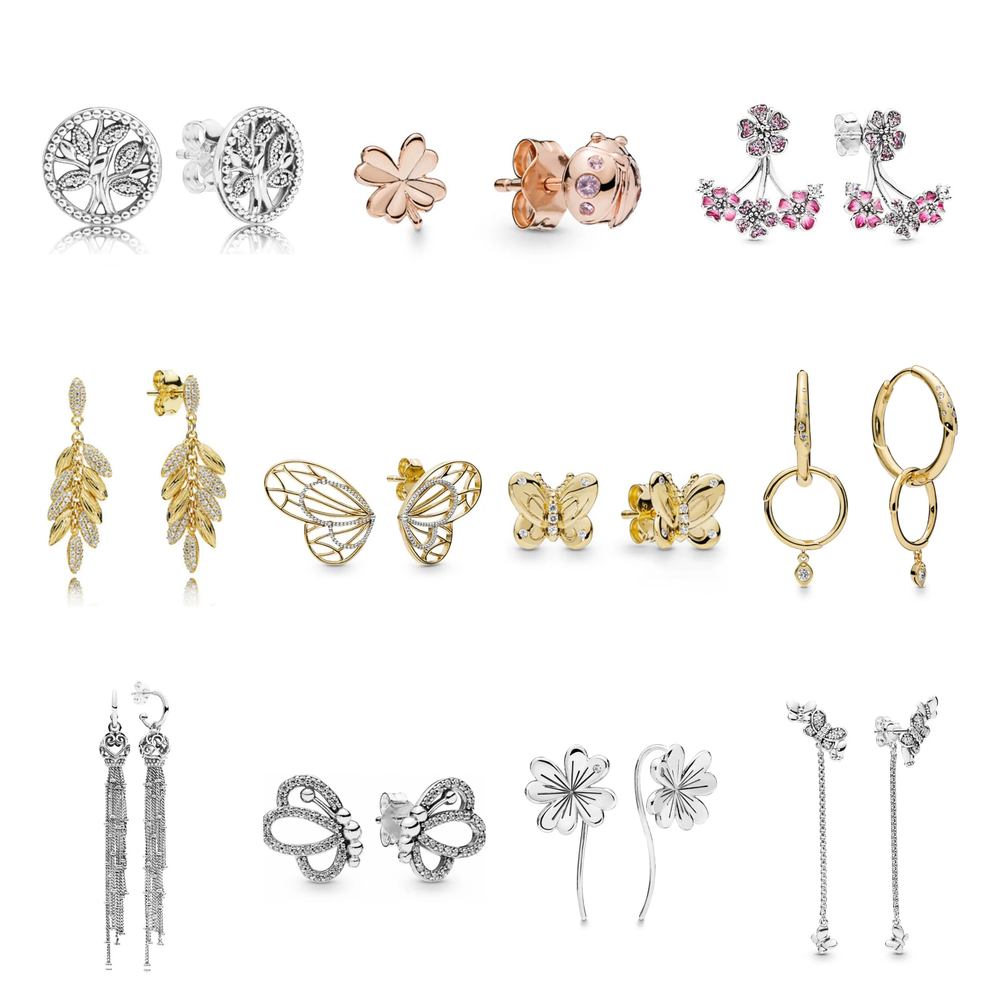 

2019 NEW 925 Sterling Silver Peach Blossom Trees of Life Openwork Butterfly Stud Earring Charm Pan Original Jewelry Women Gift