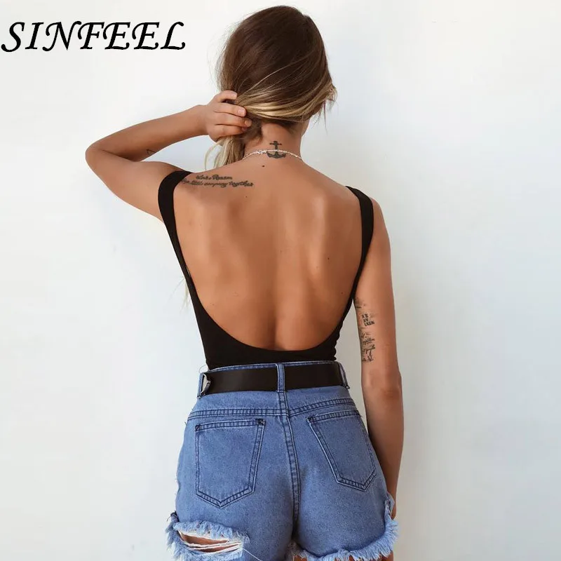

SINFEEL Front Cross One Piece Bodysuit Women 2018 Summer Black White Backless Bodycon Strap Rompers Bandage Sexy Beach Wear