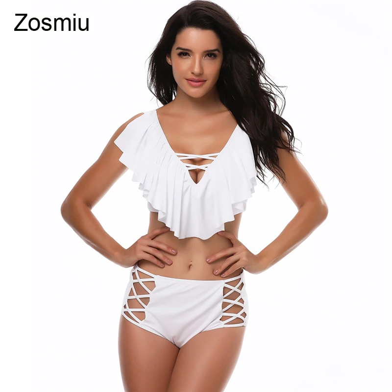 

Zosmiu Big Size Sexy Hollow Out Bikini High Waist Push Up Swimwear Women Bikini Set Swimsuit Summer Ruffle Biquini Bathing Suit