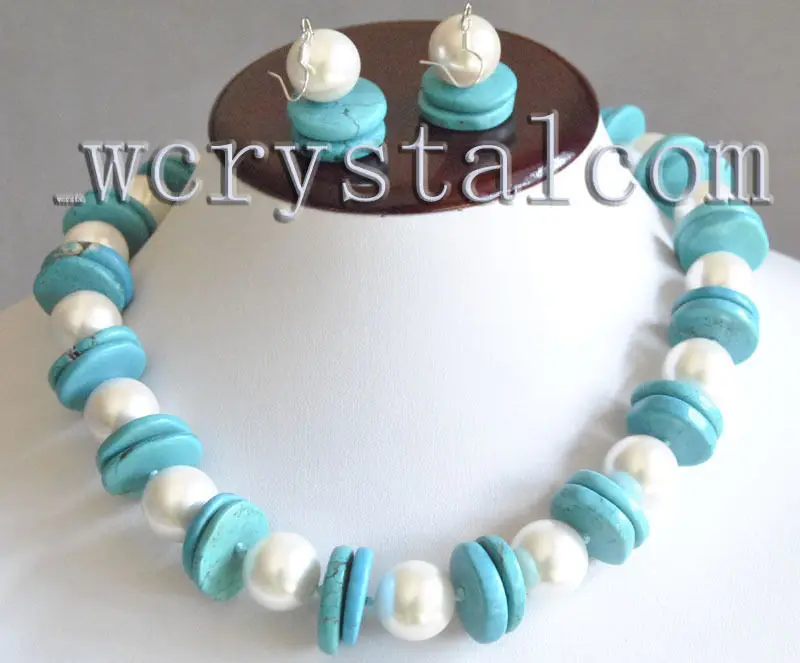 

Jewelry 00414 Genuine white mother of pearl sea shell 16mm turquoise necklace earrings set (A0423) -Bride jewelry free shipping