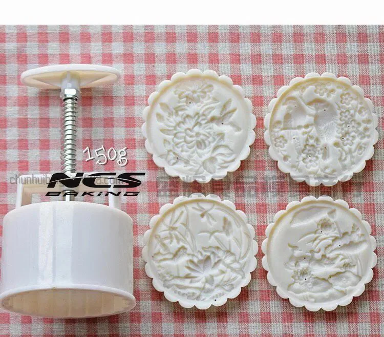 150 г круглая форма Цветок Птица Дизайн Mooncake mung bean формы для торта с 4 штампами пластиковые ручное давление, 50 компл./лот