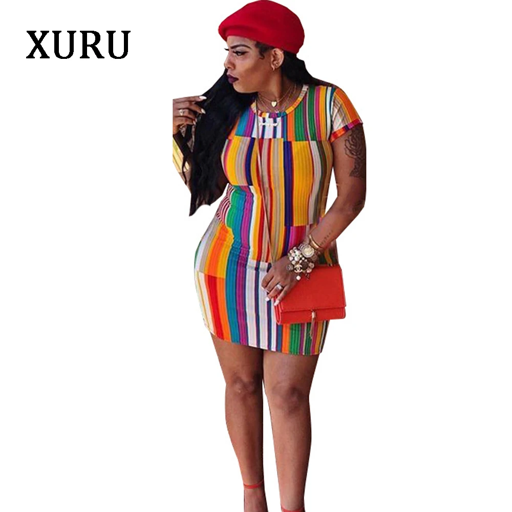 

XURU Women Short Sleeve Dress Colorful Striped O-Neck Bodycon Short Dresses Office Lady Work Wear Casual Dress Vestidos