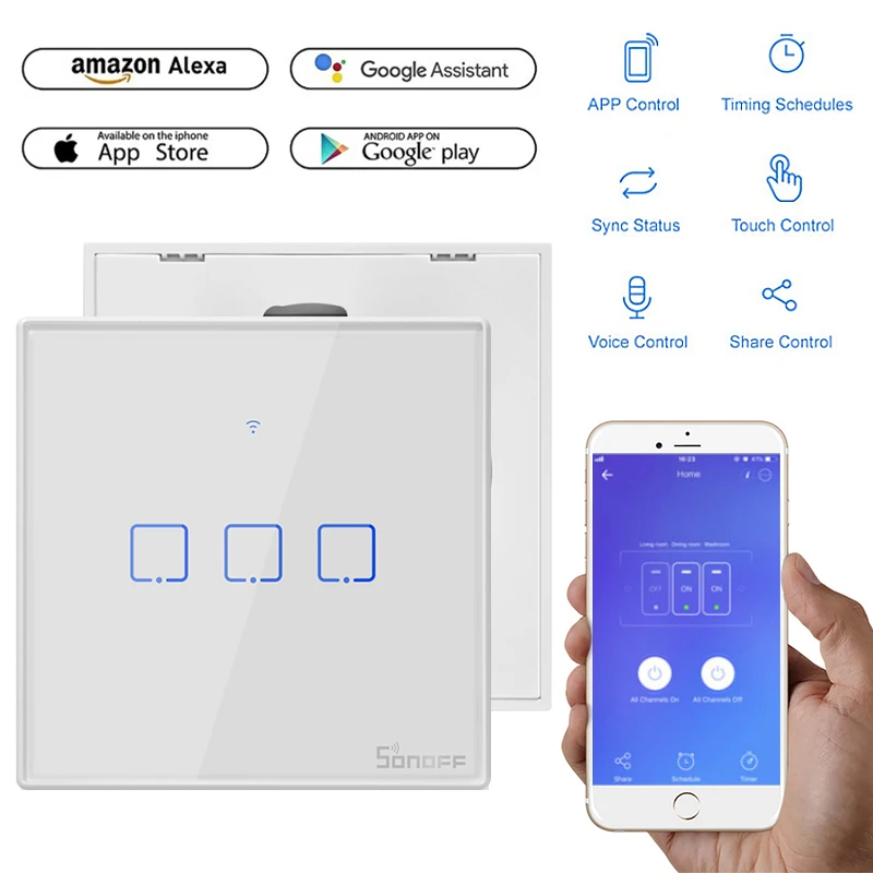 SONOFF T2 US EU UK TX Basic Smart Wifi Touch Wall Light Switch With Border Smart Home 433 RF/Voice/APP Control Works With Alexa
