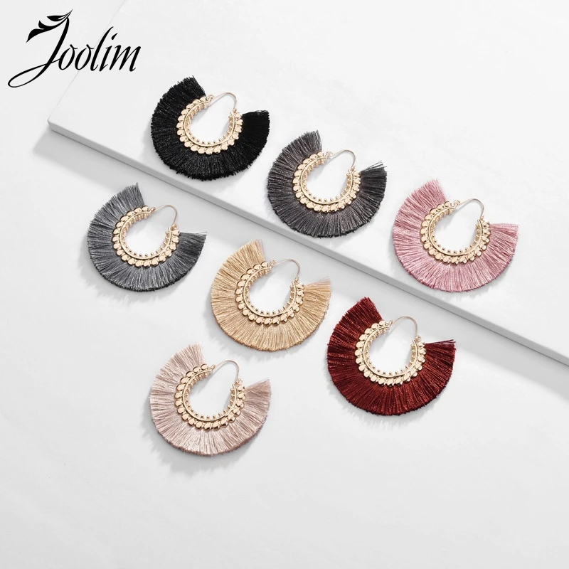 

JOOLIM Pink Gray Black Red Fringe Tassel Hoop Earring Bohemian Earrings for Women