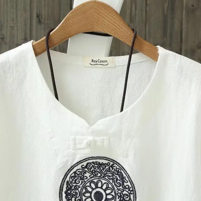 Китайский стиль, хлопковая льняная футболка на одной пуговице, повседневные топы, винтажная Женская летняя футболка с коротким рукавом и изображением стрекозы