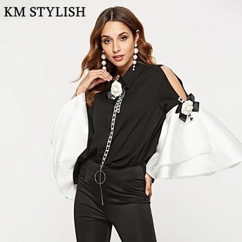 

High Quality Women Black White Shirt 2018 Autumn New Ruffles Flare Sleeve Camellia Appliques Lapel Off Shoulder Wild Lady Blouse