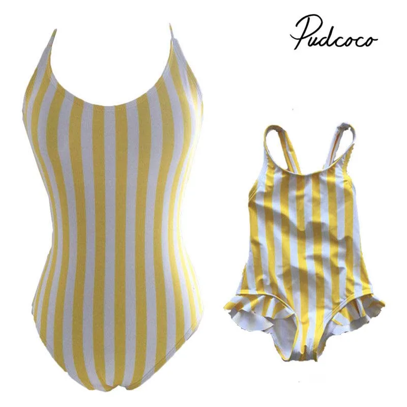 

Pudcoco 2018 Family Matching Swimwear Mother Daughter Women Kids Floral Striped One piece Bikini Swimsuit Swimwear Beach Tankini